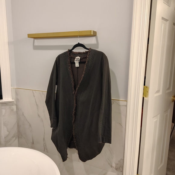 Prairie Underground Jackets & Blazers - Prairie Underground dark Denim Distressed Trim Long Open Jacket
